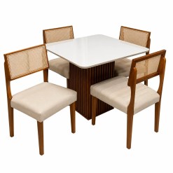 Mesa De Jantar Riviera 90x90cm Com 4 Cadeiras Grecia Em Linho Madeira Lj Moveis Cinamomo Off White Com Tecido Bege 91476