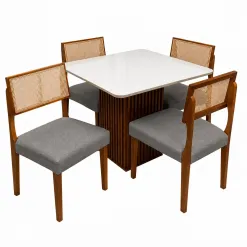 Mesa De Jantar Riviera 90x90cm Com 4 Cadeiras Grecia Em Linho Madeira Lj Moveis Cinamomo Off White Com Tecido Cinza 83886