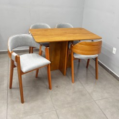Mesa De Jantar Salina 120x80cm Sem Vidro Com 4 Cadeiras Perola Em Linho Madeira Cel Moveis 99331