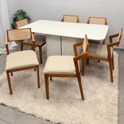Mesa De Jantar Serena 160x90cm Com Vidro E 6 Cadeiras Berlim Hr Em Linho Madeira New Ceval 94332