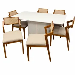 Mesa De Jantar Serena 160x90cm Com Vidro E 6 Cadeiras Berlim Hr Em Linho Madeira New Ceval Off White Com Tecido Bege 76539