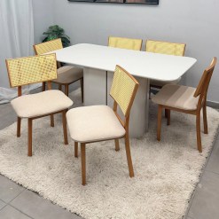 Mesa De Jantar Serena 160x90cm Com Vidro E 6 Cadeiras Diamante Em Linho Madeira New Ceval 64298