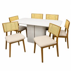 Mesa De Jantar Serena 160x90cm Com Vidro E 6 Cadeiras Diamante Em Linho Madeira New Ceval Off White Com Tecido Bege 51125