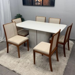 Mesa De Jantar Serena 160x90cm Com Vidro E 6 Cadeiras Lara Kappesberg Em Linho Madeira New Ceval 40986