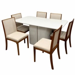 Mesa De Jantar Serena 160x90cm Com Vidro E 6 Cadeiras Lara Kappesberg Em Linho Madeira New Ceval Off White Com Tecido Bege 50389