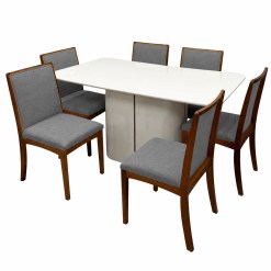 Mesa De Jantar Serena 160x90cm Com Vidro E 6 Cadeiras Lara Kappesberg Em Linho Madeira New Ceval Off White Com Tecido Cinza 86399
