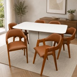 Mesa De Jantar Serena 160x90cm Com Vidro E 6 Cadeiras Perola Em Corino Madeira New Ceval 82825