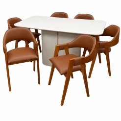 Mesa De Jantar Serena 160x90cm Com Vidro E 6 Cadeiras Perola Em Corino Madeira New Ceval Off White Com Tecido Marrom 43656