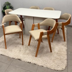 Mesa De Jantar Serena 160x90cm Com Vidro E 6 Cadeiras Perola Em Linho Madeira New Ceval 34576