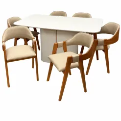 Mesa De Jantar Serena 160x90cm Com Vidro E 6 Cadeiras Perola Em Linho Madeira New Ceval Off White Com Tecido Bege 18507