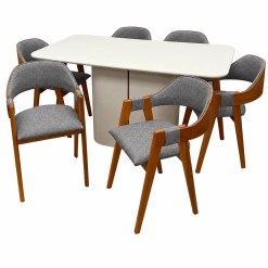 Mesa De Jantar Serena 160x90cm Com Vidro E 6 Cadeiras Perola Em Linho Madeira New Ceval Off White Com Tecido Cinza 25206
