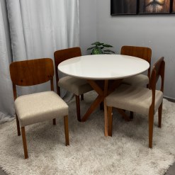 Mesa De Jantar Simpatia Com Vidro Redonda 108cm Com 4 Cadeiras Barcelona Em Linho Madeira Jcm 69480