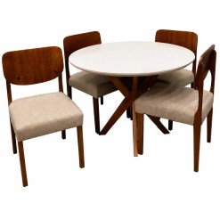 Mesa De Jantar Simpatia Com Vidro Redonda 108cm Com 4 Cadeiras Barcelona Em Linho Madeira Jcm Cinamomo Off White Com Tecido Bege 93115