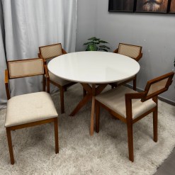 Mesa De Jantar Simpatia Com Vidro Redonda 108cm Com 4 Cadeiras Berlim Hr Em Linho Madeira Jcm 76458