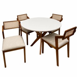 Mesa De Jantar Simpatia Com Vidro Redonda 108cm Com 4 Cadeiras Berlim Hr Em Linho Madeira Jcm Cinamomo Off White Com Tecido Bege 57668