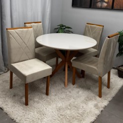 Mesa De Jantar Simpatia Com Vidro Redonda 108cm Com 4 Cadeiras California Em Veludo Estofadas Jcm 57117