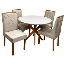 Mesa De Jantar Simpatia Com Vidro Redonda 108cm Com 4 Cadeiras California Em Veludo Estofadas Jcm Cinamomo Off White Com Tecido Bege 81018