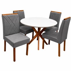 Mesa De Jantar Simpatia Com Vidro Redonda 108cm Com 4 Cadeiras California Em Veludo Estofadas Jcm Cinamomo Off White Com Tecido Cinza 35831