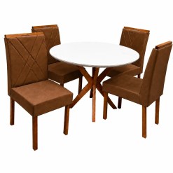Mesa De Jantar Simpatia Com Vidro Redonda 108cm Com 4 Cadeiras California Em Veludo Estofadas Jcm Cinamomo Off White Com Tecido Marrom 45290