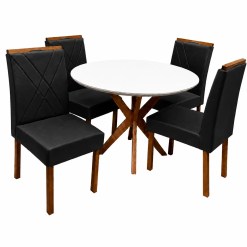 Mesa De Jantar Simpatia Com Vidro Redonda 108cm Com 4 Cadeiras California Em Veludo Estofadas Jcm Cinamomo Off White Com Tecido Preto 93810