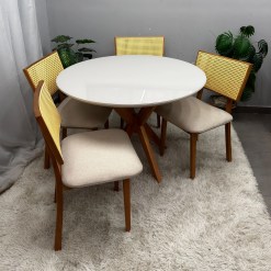 Mesa De Jantar Simpatia Com Vidro Redonda 108cm Com 4 Cadeiras Diamante Em Linho Madeira Jcm 21070