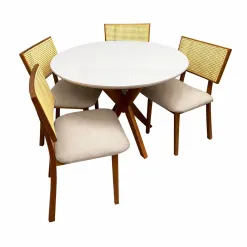 Mesa De Jantar Simpatia Com Vidro Redonda 108cm Com 4 Cadeiras Diamante Em Linho Madeira Jcm Cinamomo Off White Com Tecido Bege 36348