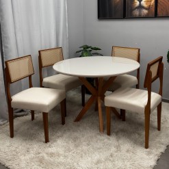Mesa De Jantar Simpatia Com Vidro Redonda 108cm Com 4 Cadeiras Grecia Em Linho Madeira Jcm 51370