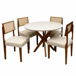 Mesa De Jantar Simpatia Com Vidro Redonda 108cm Com 4 Cadeiras Grecia Em Linho Madeira Jcm Cinamomo Off White Com Tecido Bege 97082