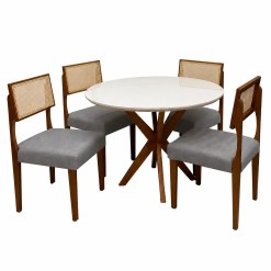 Mesa De Jantar Simpatia Com Vidro Redonda 108cm Com 4 Cadeiras Grecia Em Linho Madeira Jcm Cinamomo Off White Com Tecido Cinza 95168