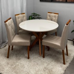 Mesa De Jantar Simpatia Com Vidro Redonda 108cm Com 4 Cadeiras Jasmim Em Veludo Estofadas Jcm 82124