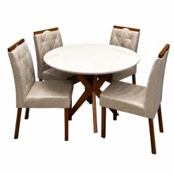 Mesa De Jantar Simpatia Com Vidro Redonda 108cm Com 4 Cadeiras Jasmim Em Veludo Estofadas Jcm Cinamomo Off White Com Tecido Bege 97641