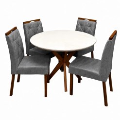 Mesa De Jantar Simpatia Com Vidro Redonda 108cm Com 4 Cadeiras Jasmim Em Veludo Estofadas Jcm Cinamomo Off White Com Tecido Cinza 41895