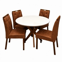 Mesa De Jantar Simpatia Com Vidro Redonda 108cm Com 4 Cadeiras Jasmim Em Veludo Estofadas Jcm Cinamomo Off White Com Tecido Marrom 67389
