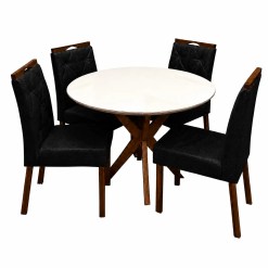 Mesa De Jantar Simpatia Com Vidro Redonda 108cm Com 4 Cadeiras Jasmim Em Veludo Estofadas Jcm Cinamomo Off White Com Tecido Preto 33315