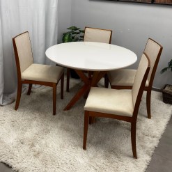 Mesa De Jantar Simpatia Com Vidro Redonda 108cm Com 4 Cadeiras Lara Kappesberg Em Linho Madeira Jcm 35146