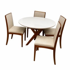 Mesa De Jantar Simpatia Com Vidro Redonda 108cm Com 4 Cadeiras Lara Kappesberg Em Linho Madeira Jcm Cinamomo Off White Com Tecido Bege 83621