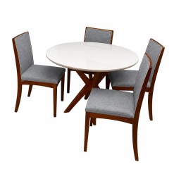 Mesa De Jantar Simpatia Com Vidro Redonda 108cm Com 4 Cadeiras Lara Kappesberg Em Linho Madeira Jcm Cinamomo Off White Com Tecido Cinza 78039