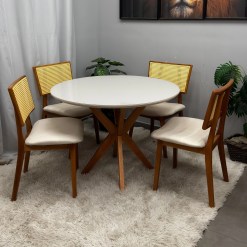 Mesa De Jantar Simpatia Com Vidro Redonda 108cm Com 4 Cadeiras Livia Em Linho Madeira Jcm 15116