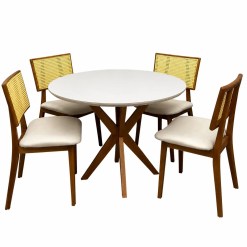 Mesa De Jantar Simpatia Com Vidro Redonda 108cm Com 4 Cadeiras Livia Em Linho Madeira Jcm Cinamomo Off White Com Tecido Bege 60127