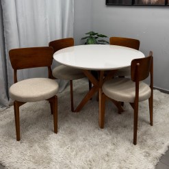 Mesa De Jantar Simpatia Com Vidro Redonda 108cm Com 4 Cadeiras Maldivas Em Linho Madeira Jcm 60501
