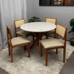 Mesa De Jantar Simpatia Com Vidro Redonda 108cm Com 4 Cadeiras Monalisa Em Linho Madeira Jcm 26840