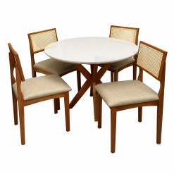 Mesa De Jantar Simpatia Com Vidro Redonda 108cm Com 4 Cadeiras Monalisa Em Linho Madeira Jcm Cinamomo Off White Com Tecido Bege 13930