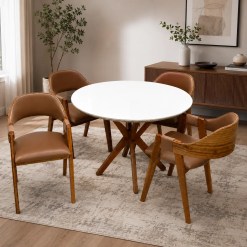Mesa De Jantar Simpatia Com Vidro Redonda 108cm Com 4 Cadeiras Perola Em Corino Madeira Jcm 25090