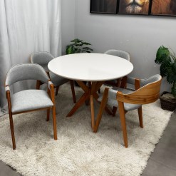 Mesa De Jantar Simpatia Com Vidro Redonda 108cm Com 4 Cadeiras Perola Em Linho Madeira Jcm 78509