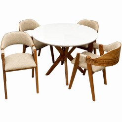 Mesa De Jantar Simpatia Com Vidro Redonda 108cm Com 4 Cadeiras Perola Em Linho Madeira Jcm Cinamomo Off White Com Tecido Bege 63163