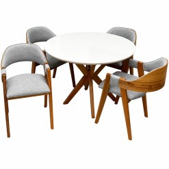 Mesa De Jantar Simpatia Com Vidro Redonda 108cm Com 4 Cadeiras Perola Em Linho Madeira Jcm Cinamomo Off White Com Tecido Cinza 64612