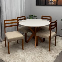 Mesa De Jantar Simpatia Com Vidro Redonda 108cm Com 4 Cadeiras Turquia Em Linho Madeira Jcm 77610
