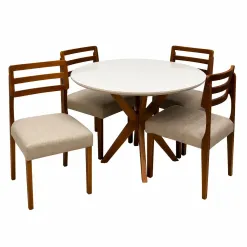 Mesa De Jantar Simpatia Com Vidro Redonda 108cm Com 4 Cadeiras Turquia Em Linho Madeira Jcm Cinamomo Off White Com Tecido Bege 29626