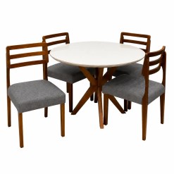 Mesa De Jantar Simpatia Com Vidro Redonda 108cm Com 4 Cadeiras Turquia Em Linho Madeira Jcm Cinamomo Off White Com Tecido Cinza 72268