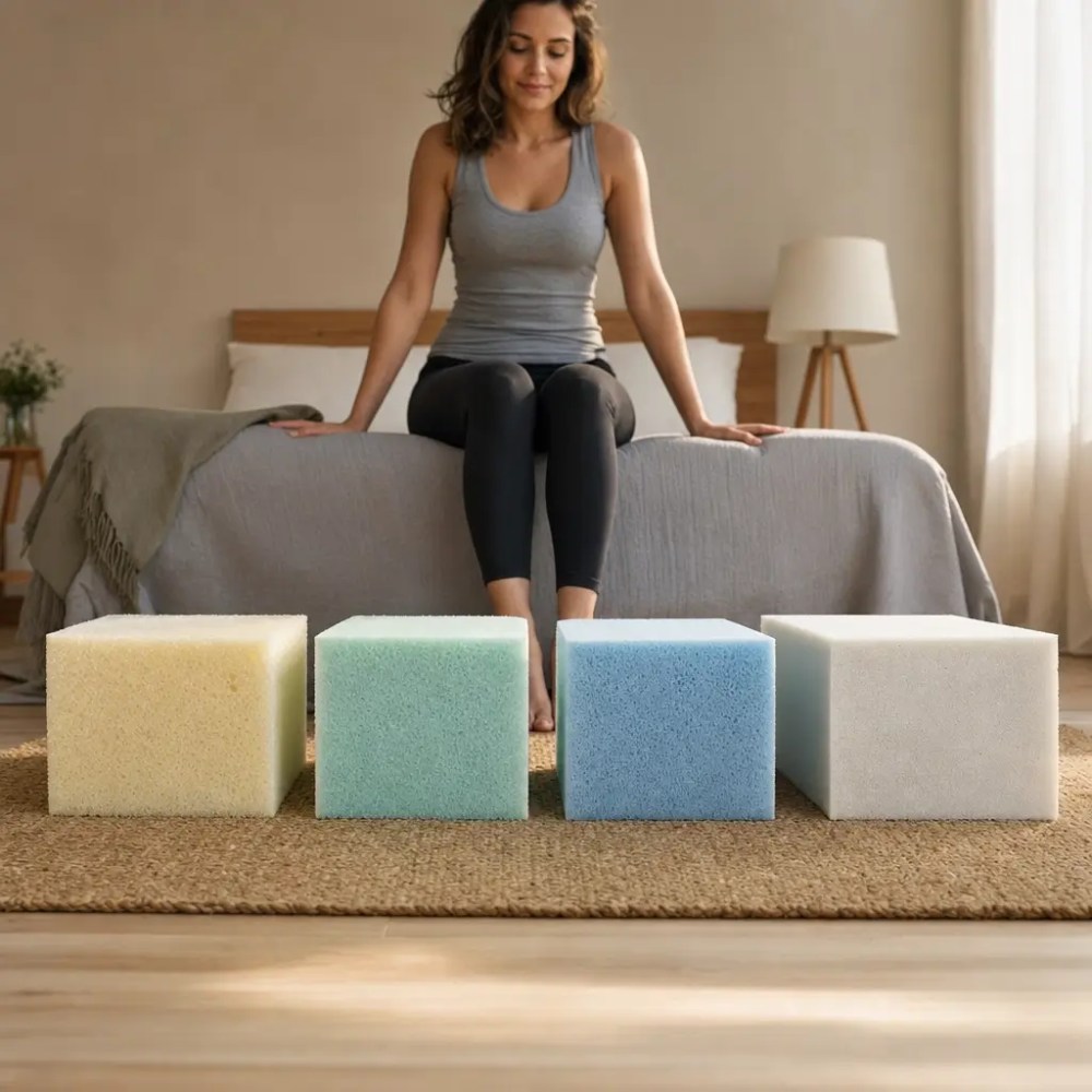 Mulher sentada na cama, blocos de espuma coloridos no chão. Densidade do colchão: qual escolher pro seu peso?